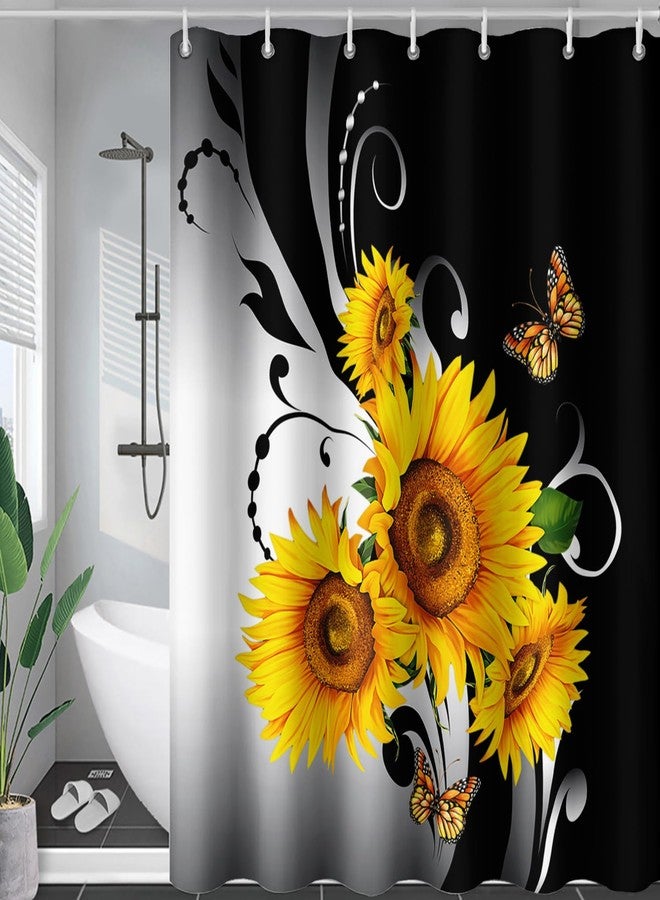 AILONEN Black and White Floral Shower Curtain, Yellow Sunflower Bath Curtain,Flower Butterfly Shower Curtain Decor,Minimalist Waterproof,Girls Women Bathroom Curtain, 72" W x 84" H - Image 5